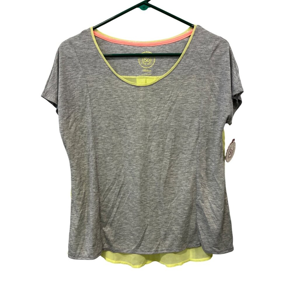 SO Knit Woven Sheer Short Sleeve Top Womens M Colorblock Gray Yellow Chiffon NEW